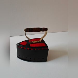 Vtg Old Fashioned Steam Iron Pin Cushion Non Working Tape Measure Wood Handle